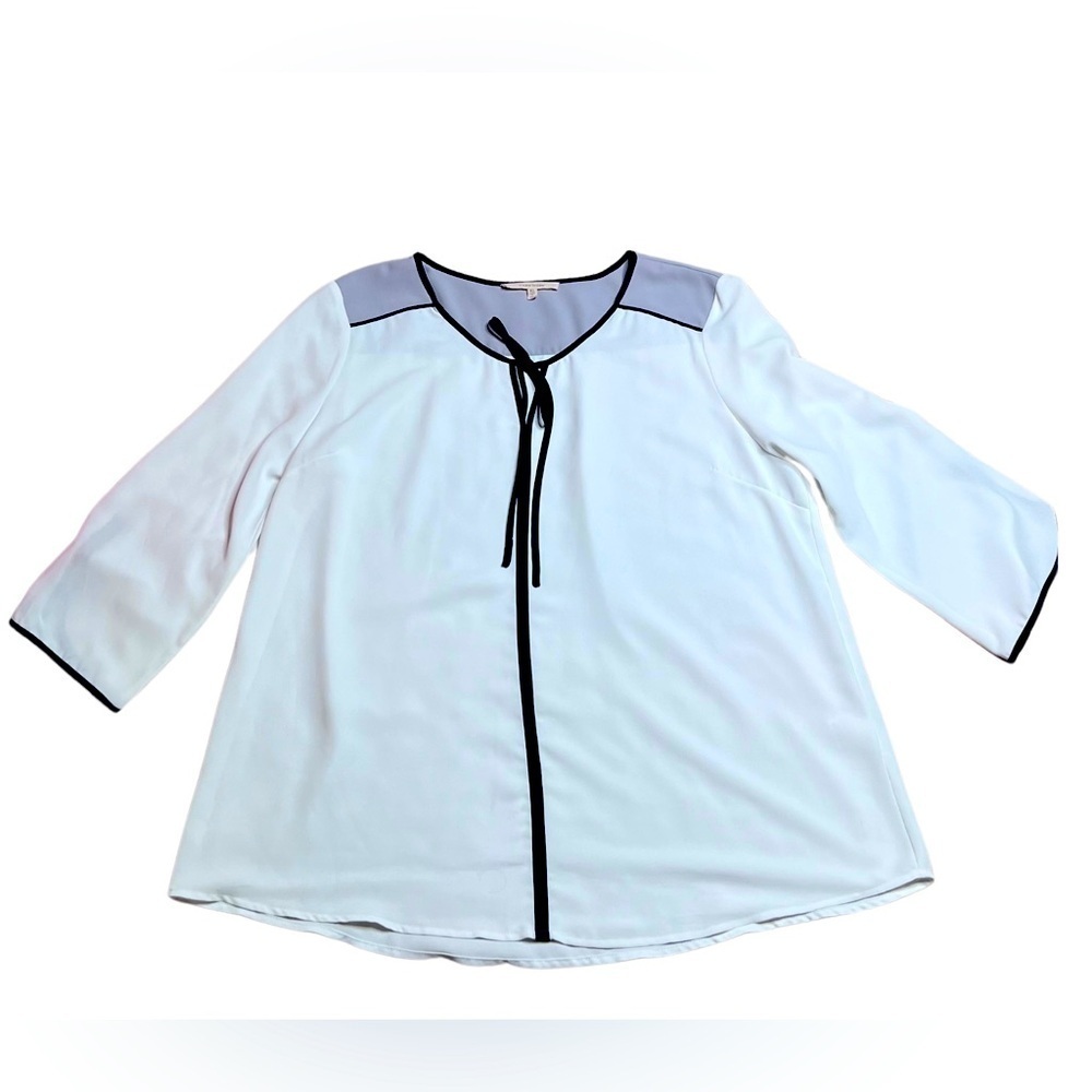 41 HAWTHORN Womens Size XL White Blue 3/4 Sleeve Keyhole Neck Blouse Shirt